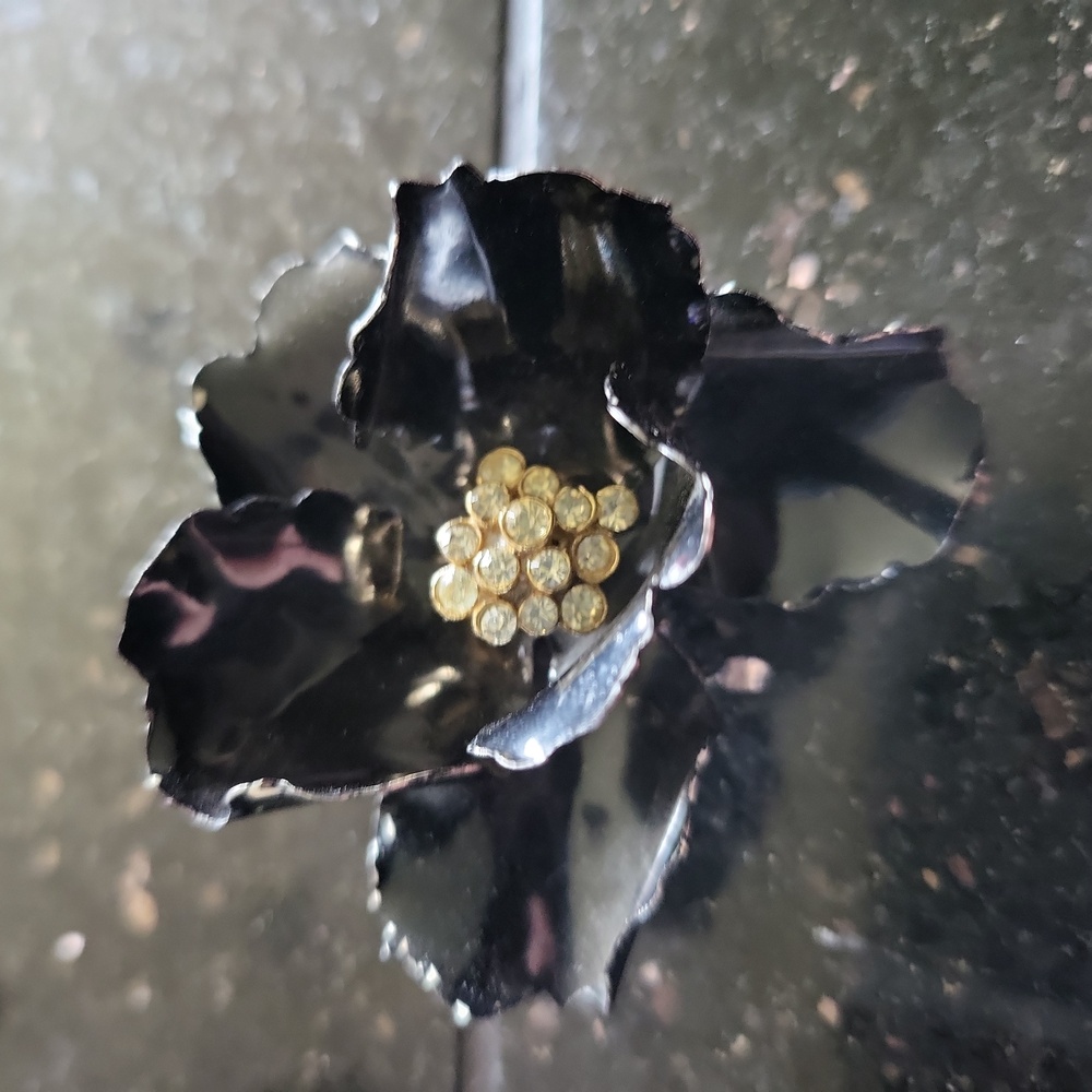 Coro Black Rose and Rhinestone Brooch Vintage